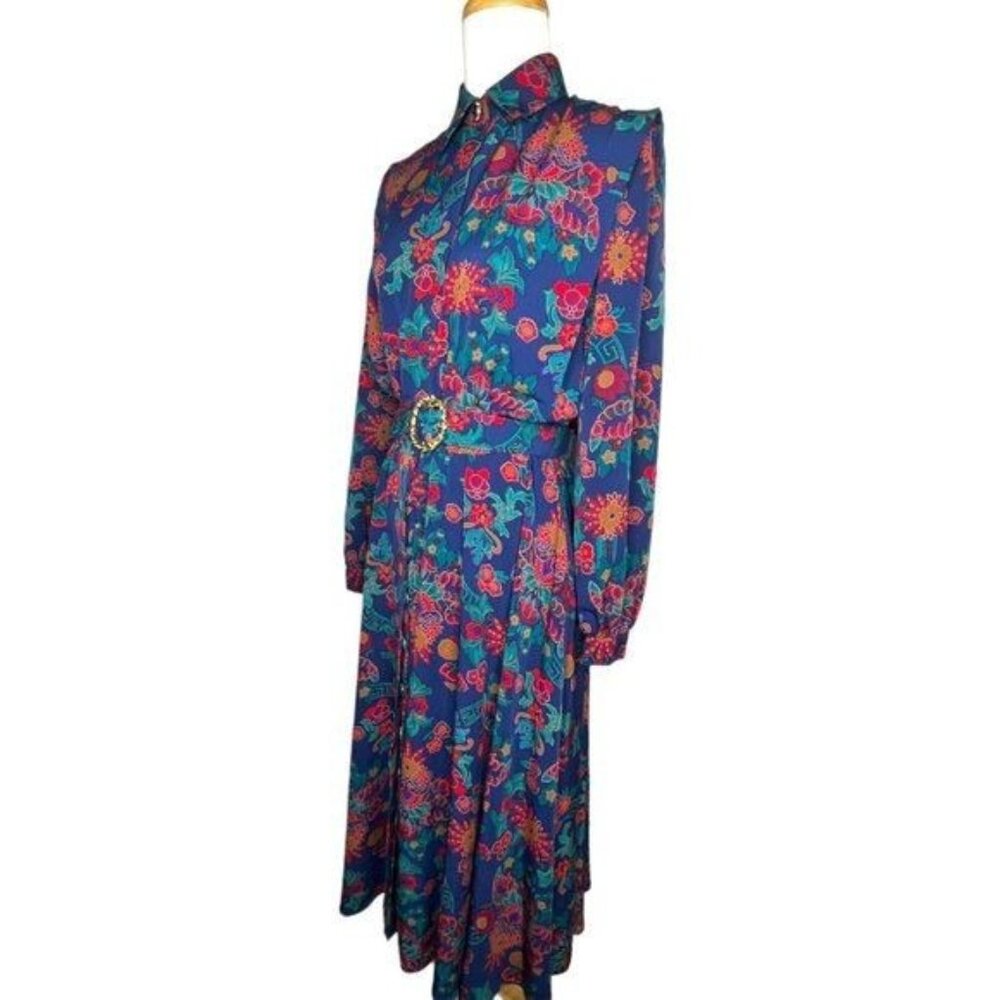 Schrader Long Sleeve 80s Floral Shirt Belted Dress With Jewel Button Cuffs Sz 8 - Picture 12 of 16